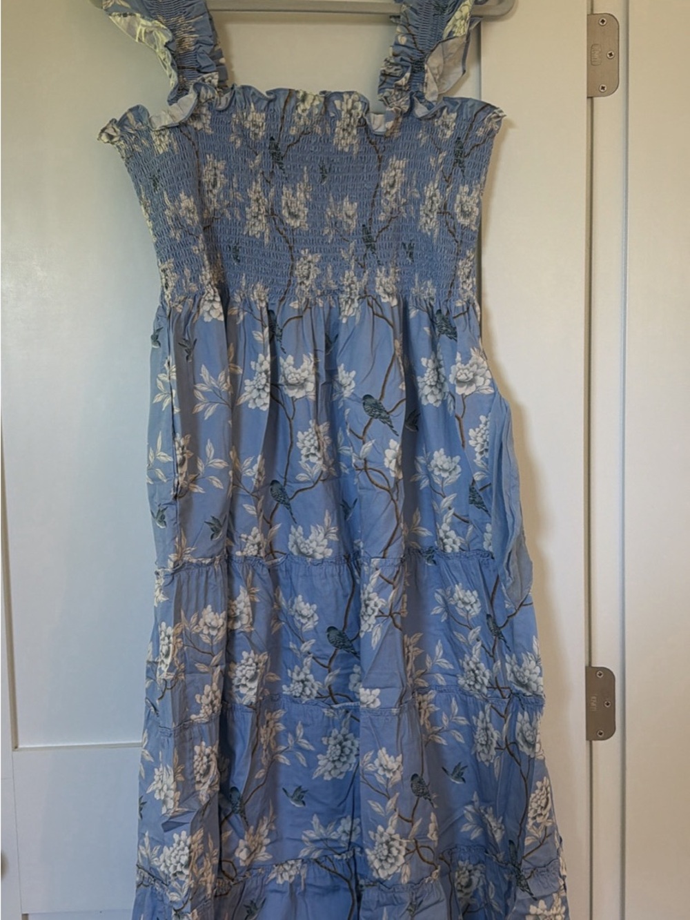 Smocked Blue Floral Midi Dress with Ruffle Straps